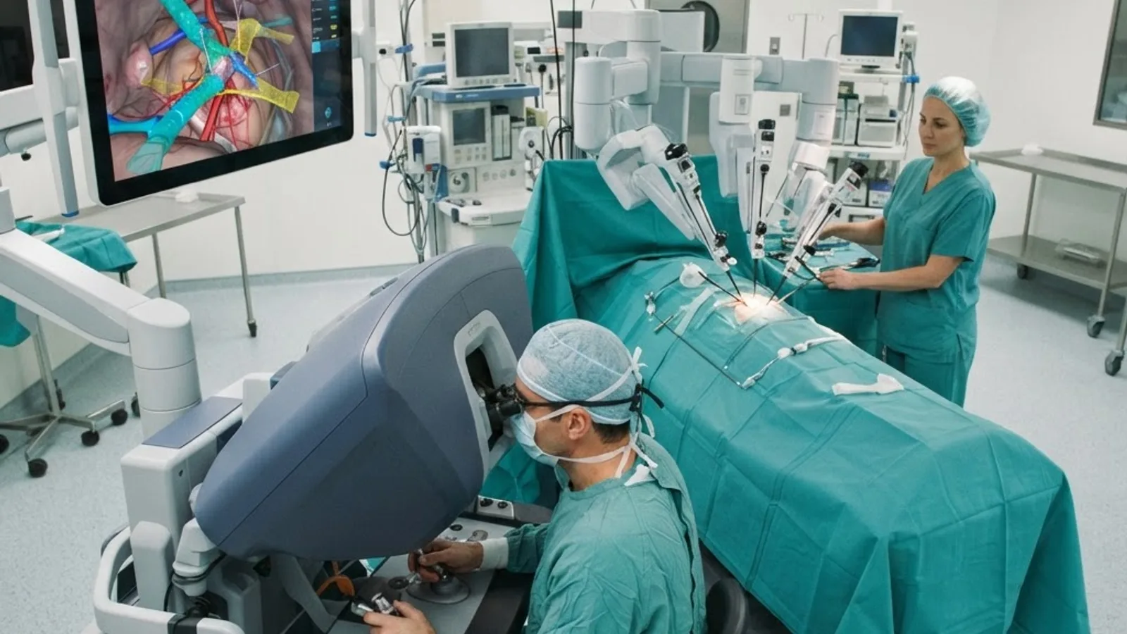 Operating theatre with AI guided precision instrumentation and tissue mapping display