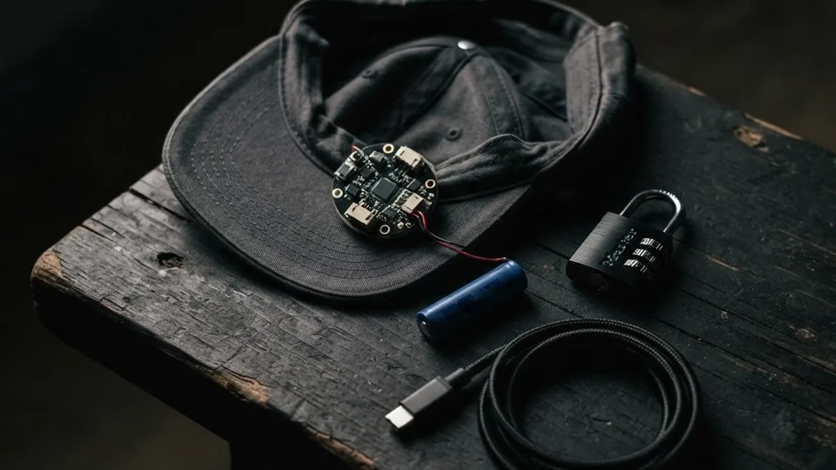 Disassembled smart cap beside a small lithium battery, charging cable, and a padlock