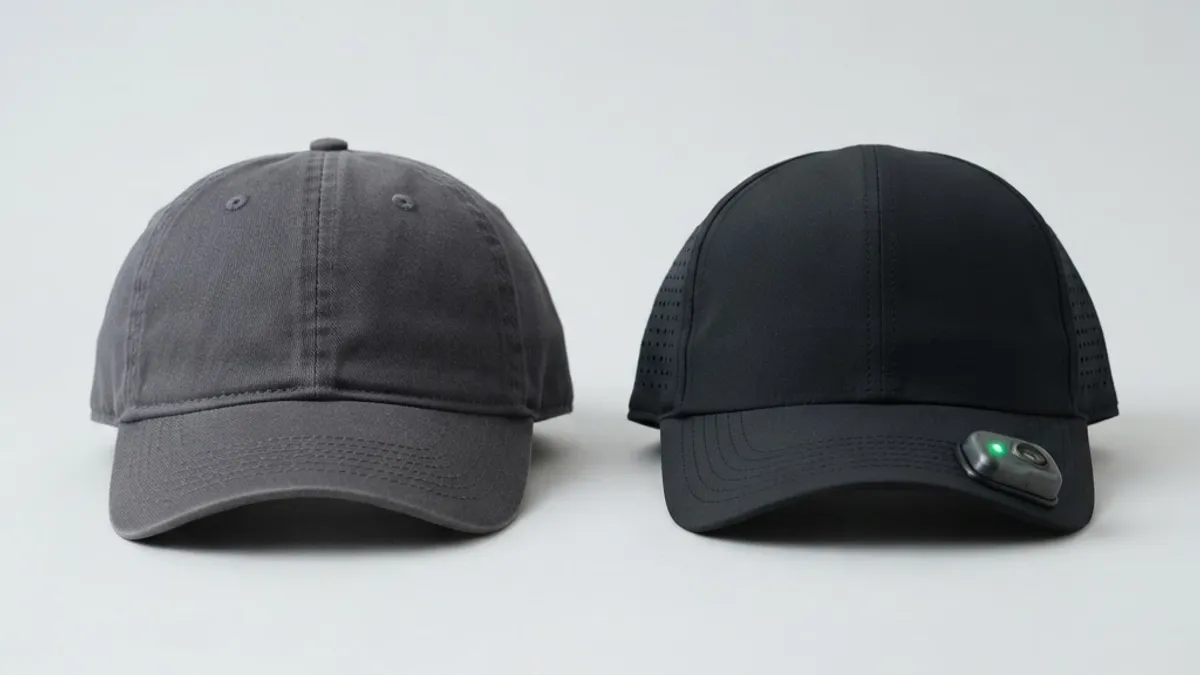 Two caps side by side, one plain cotton and one technical cap with a sensor node on the brim
