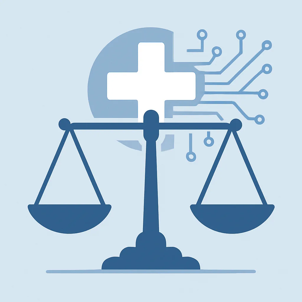 AI healthcare ethics and responsible standards represented by a balanced scale