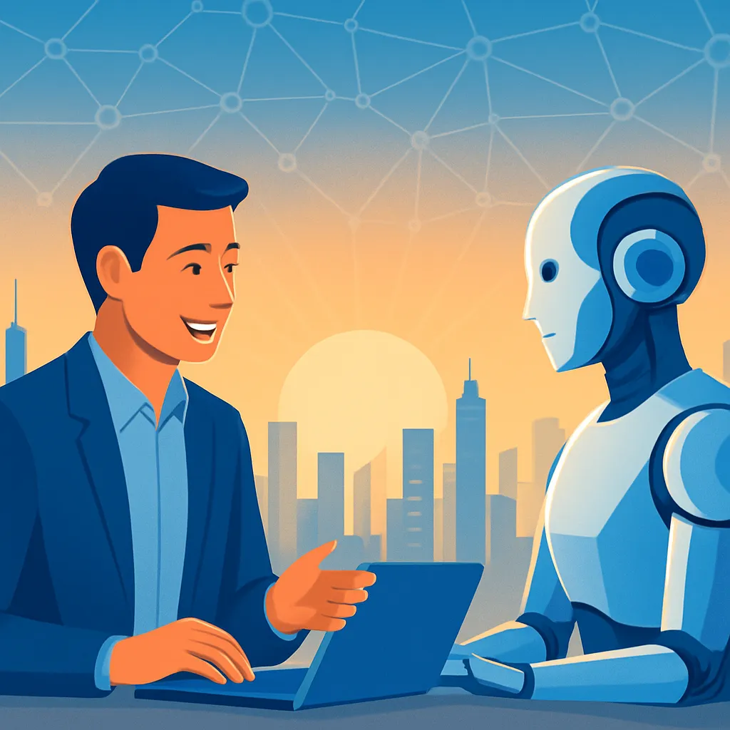 Human and AI working in harmony with a bright futuristic city skyline