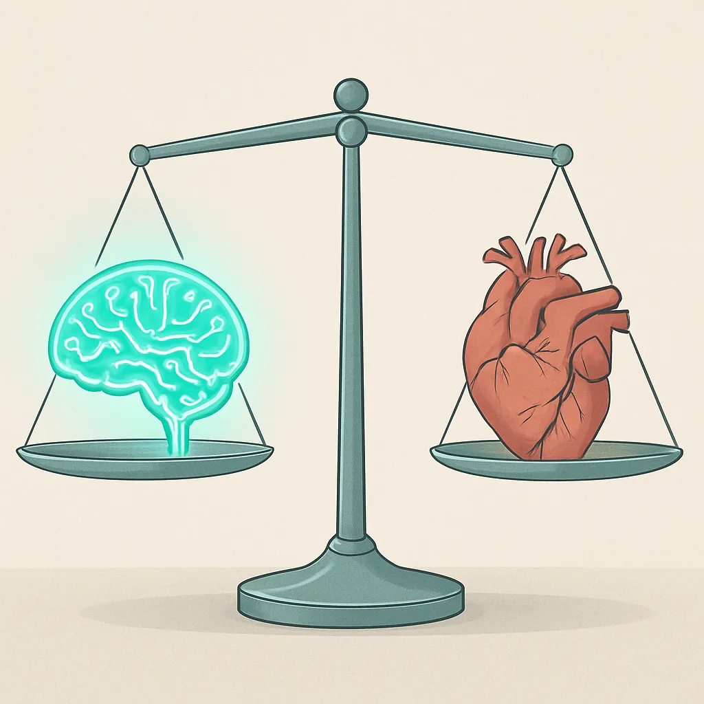 Balance scale weighing an AI brain against a human heart for AI ethics