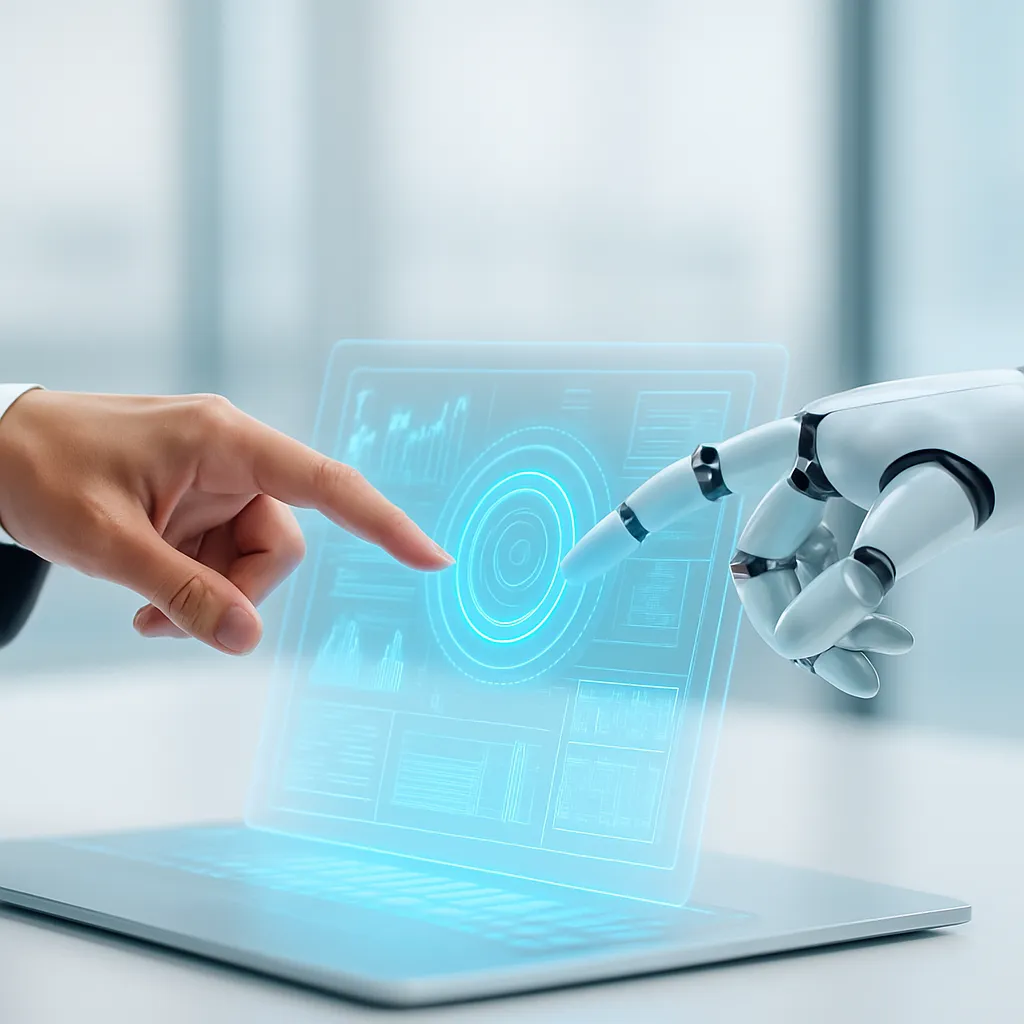 Human hand and robotic hand collaborating over a holographic dashboard