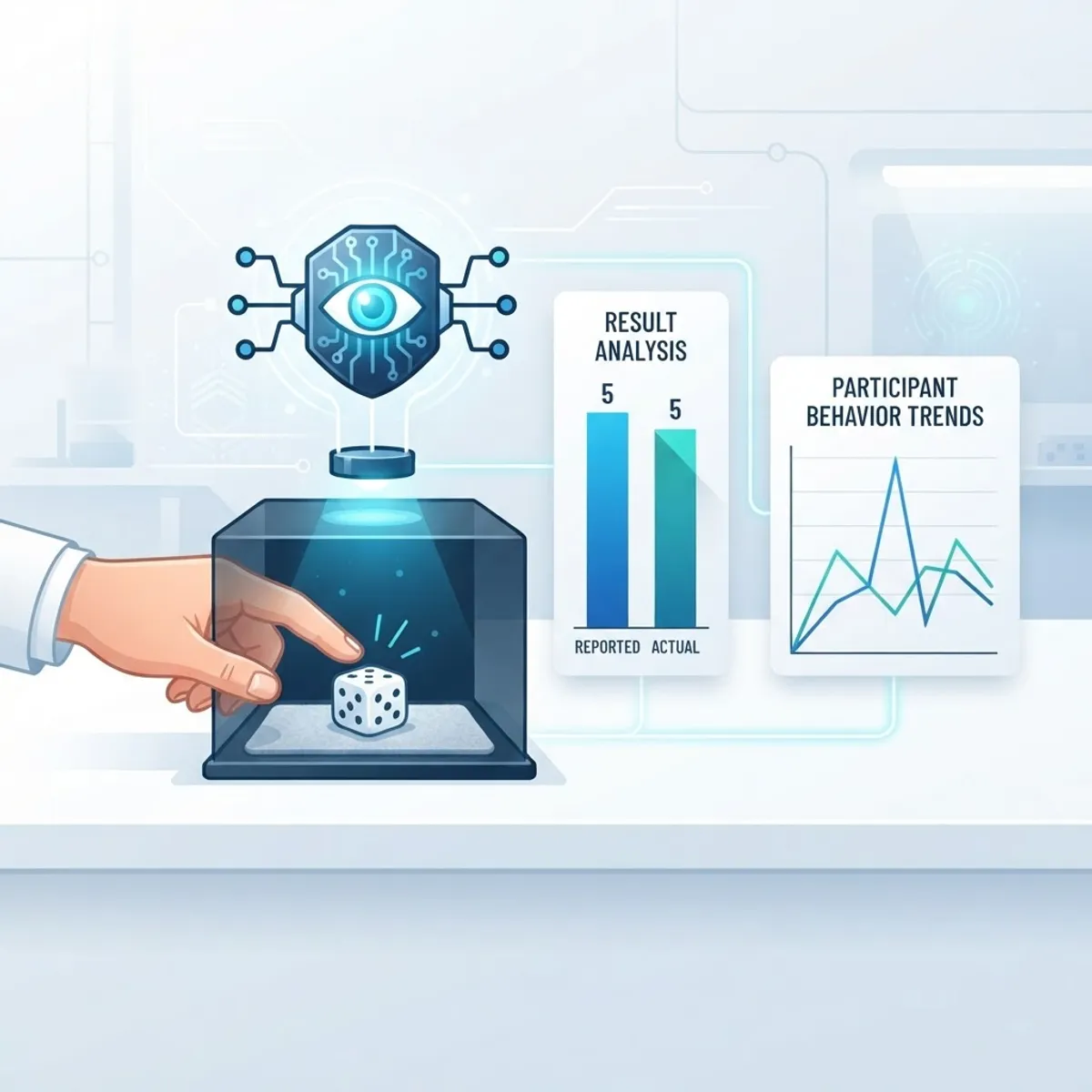Scientific illustration of a dice and data study on AI honesty and cheating