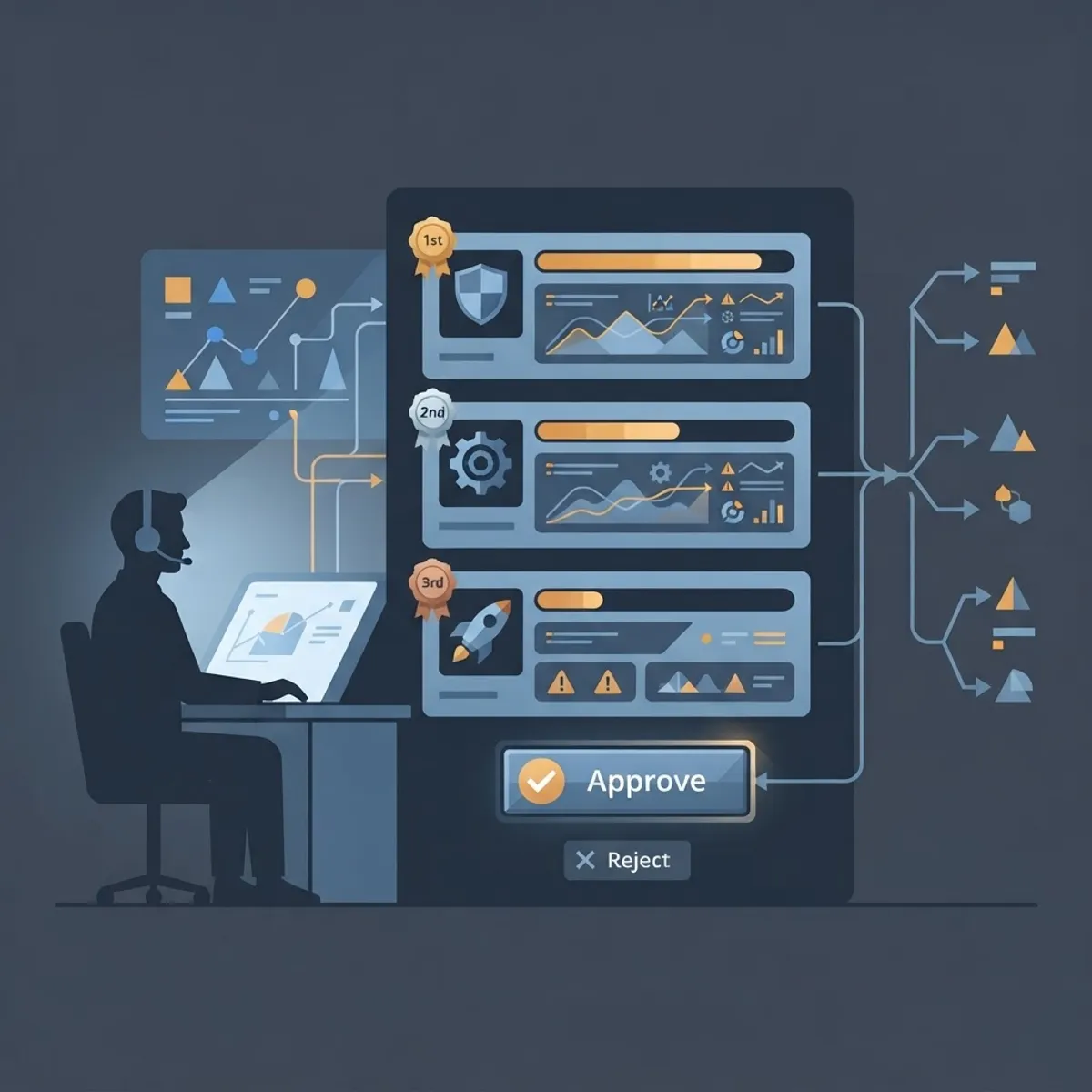 Operator reviewing ranked AI recommendations with confidence scores before approving an action