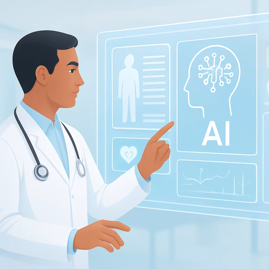 Artificial intelligence in medicine overview with a physician reviewing AI analytics