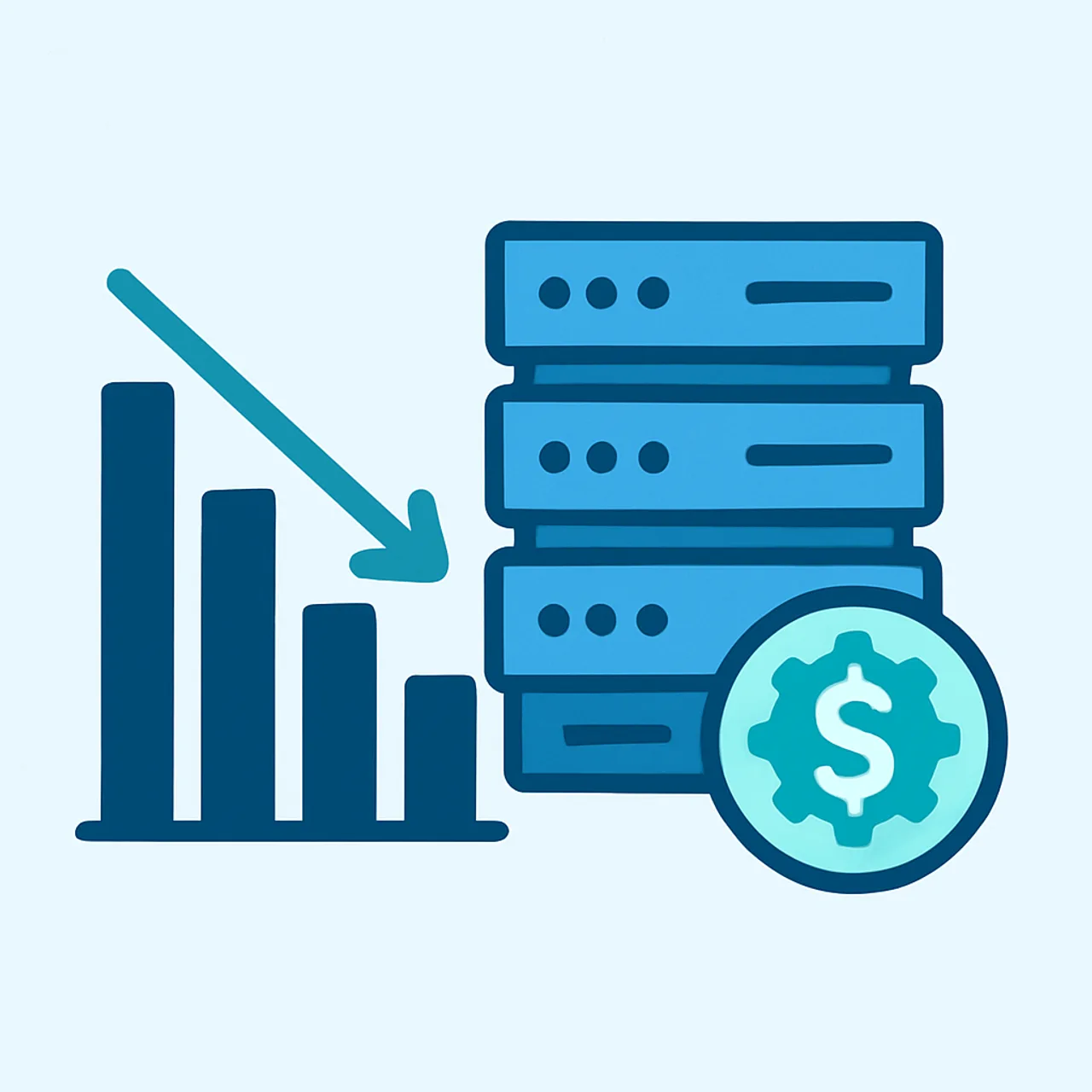 AI infrastructure cost optimization with a downward cost graph and server racks