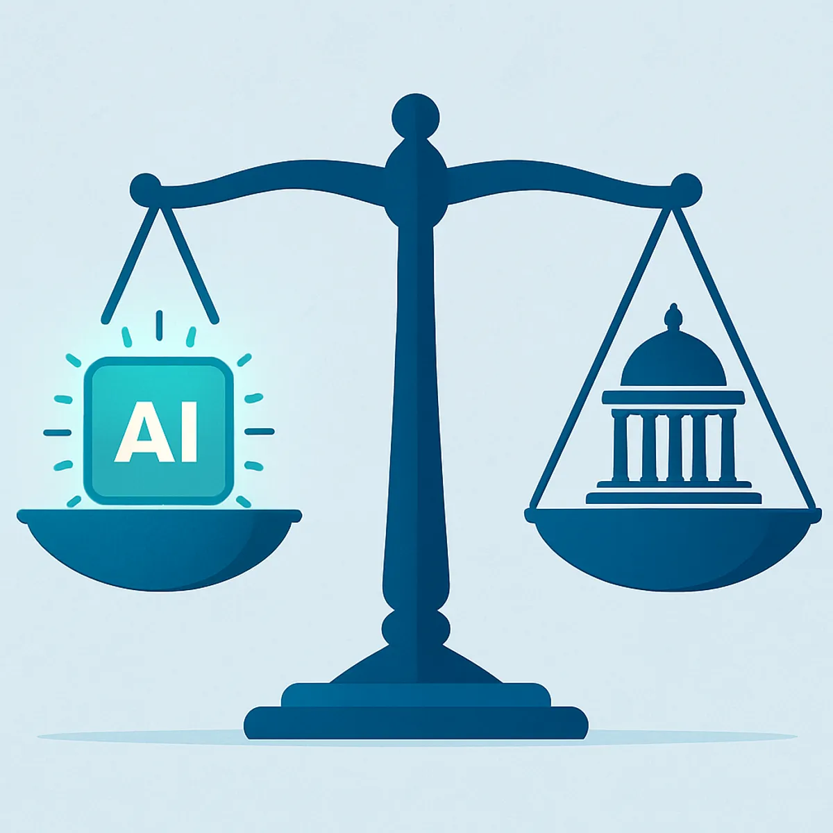 Balanced scales weighing an AI chip against a government building