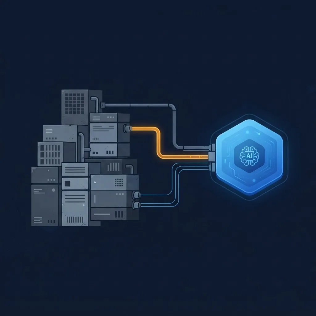 Legacy system blocks connected to a modern AI module