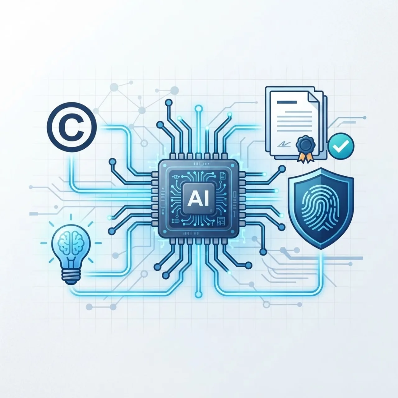 Intellectual property ownership icons linked to an AI chip