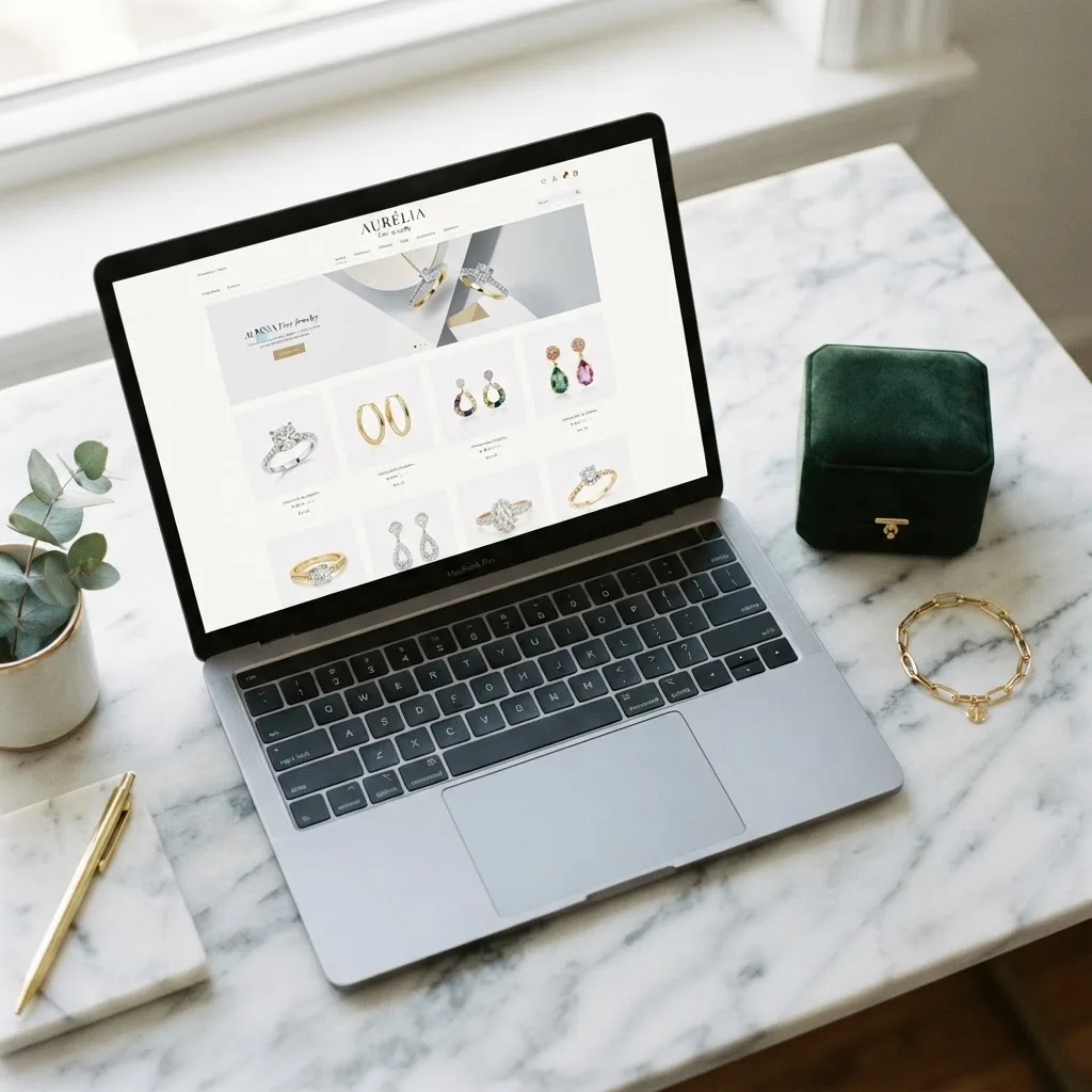 Laptop displaying an elegant online jewelry store next to a velvet ring box