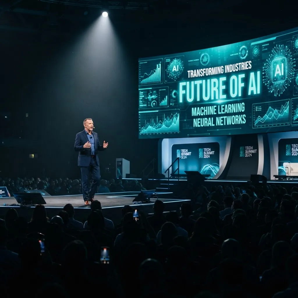 Keynote speaker on stage at the Cannes AI festival