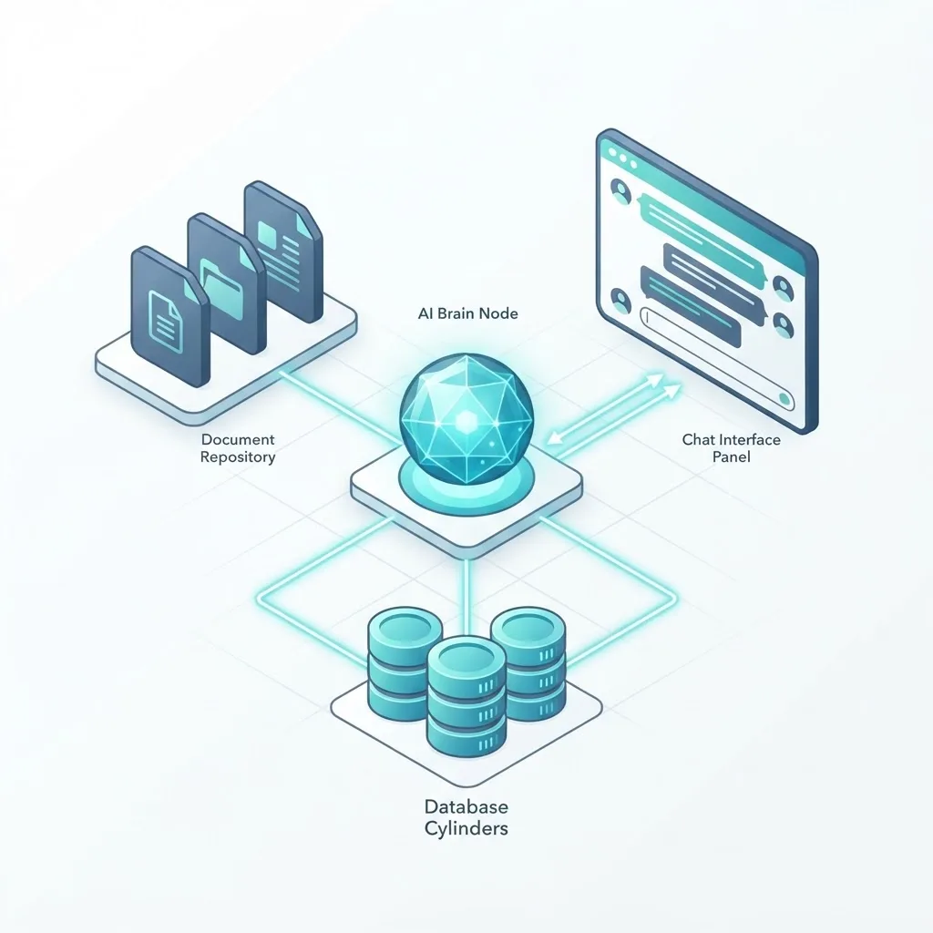 Isometric diagram showing an AI knowledge management system connecting documents, chat interface, and databases