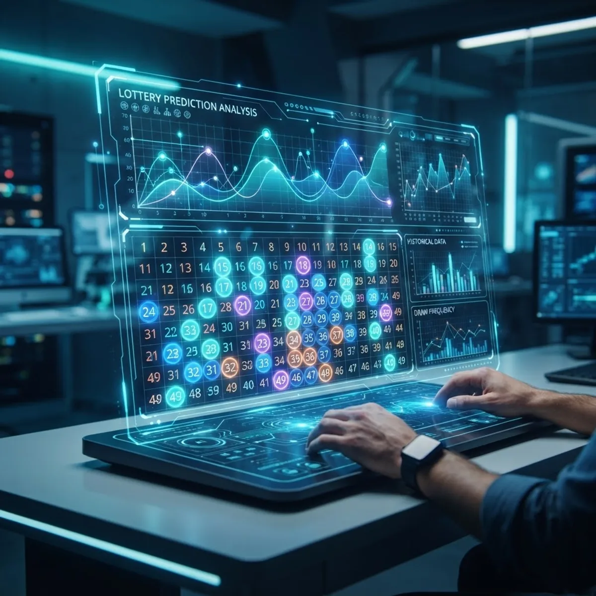 Sleek AI system analyzing lottery prediction probability graphs