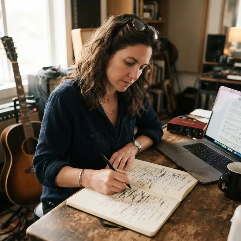 Songwriter revising AI-assisted lyrics by hand in a recording studio