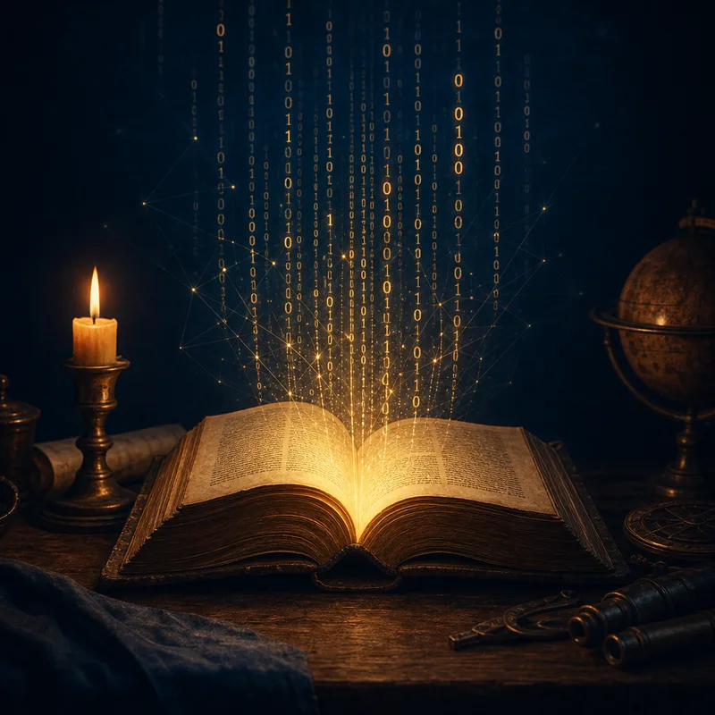 Open ancient book with glowing binary code representing AI and prophecy