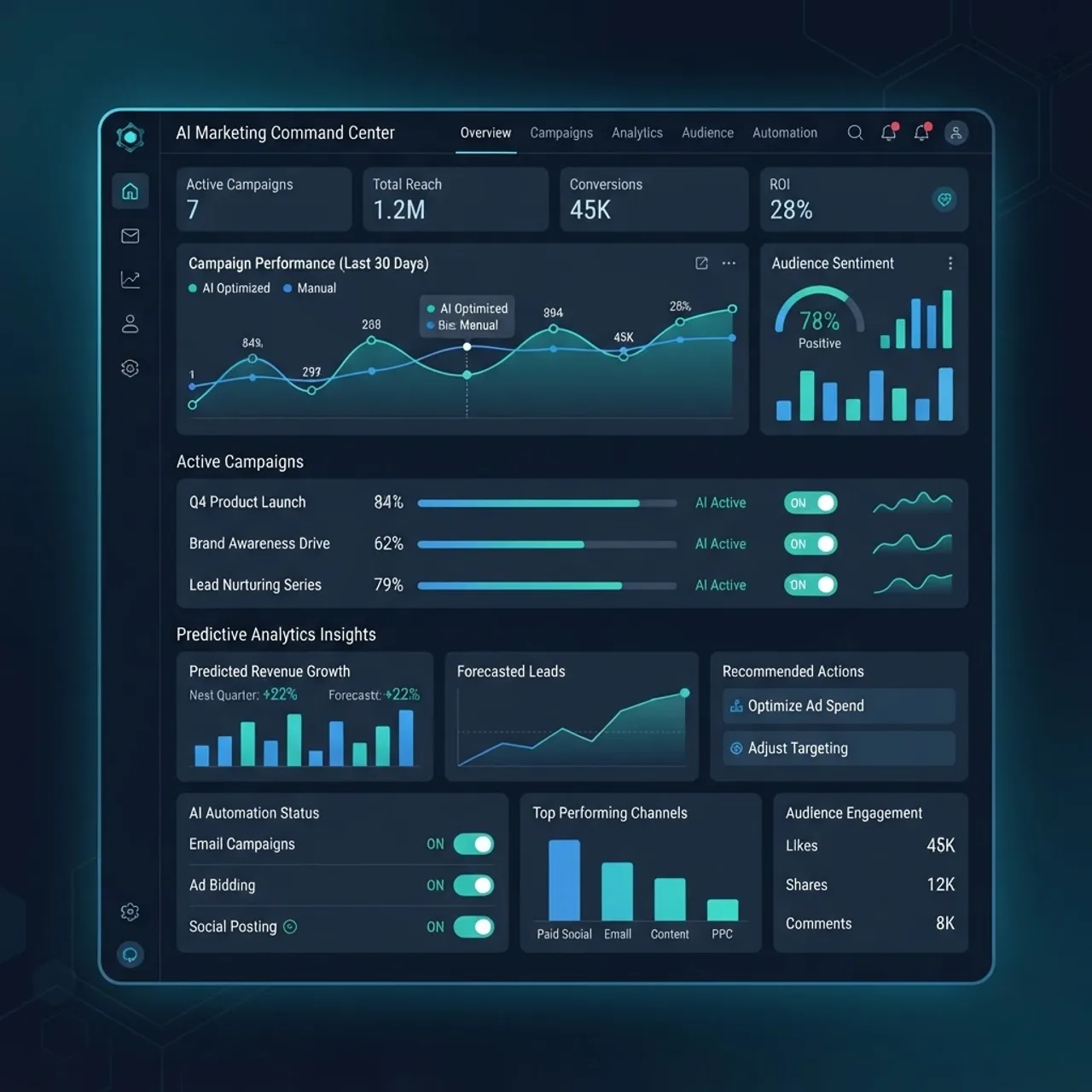 AI marketing tools dashboard showing campaign metrics