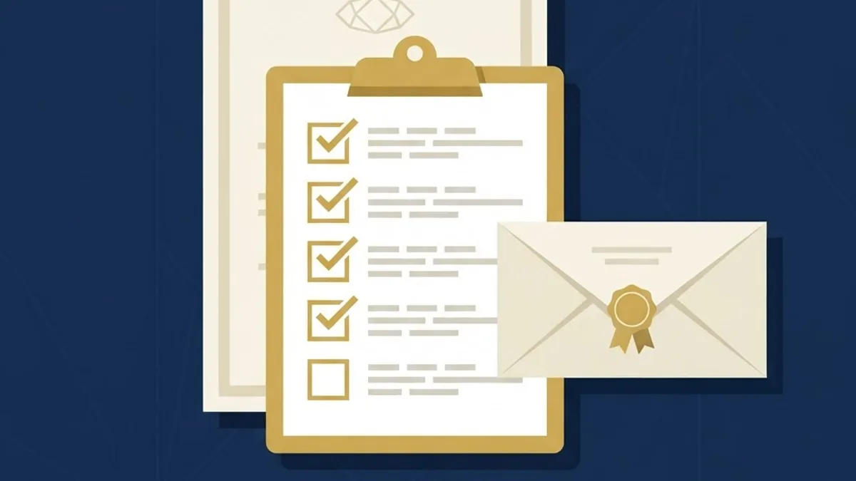 Application checklist clipboard with gold checkmarks, pen, and transcript envelope