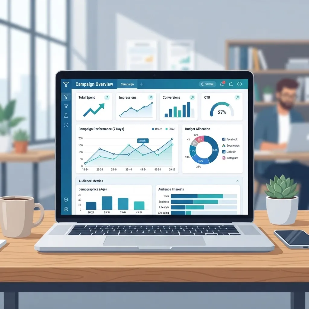 AI powered media buying dashboard showing campaign metrics