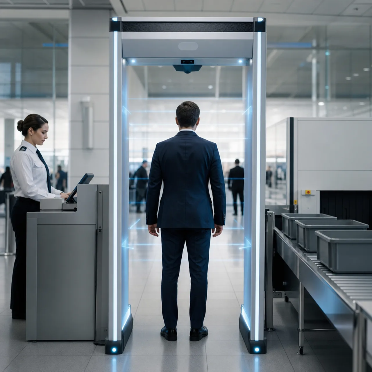 AI metal detector gate at an airport security checkpoint