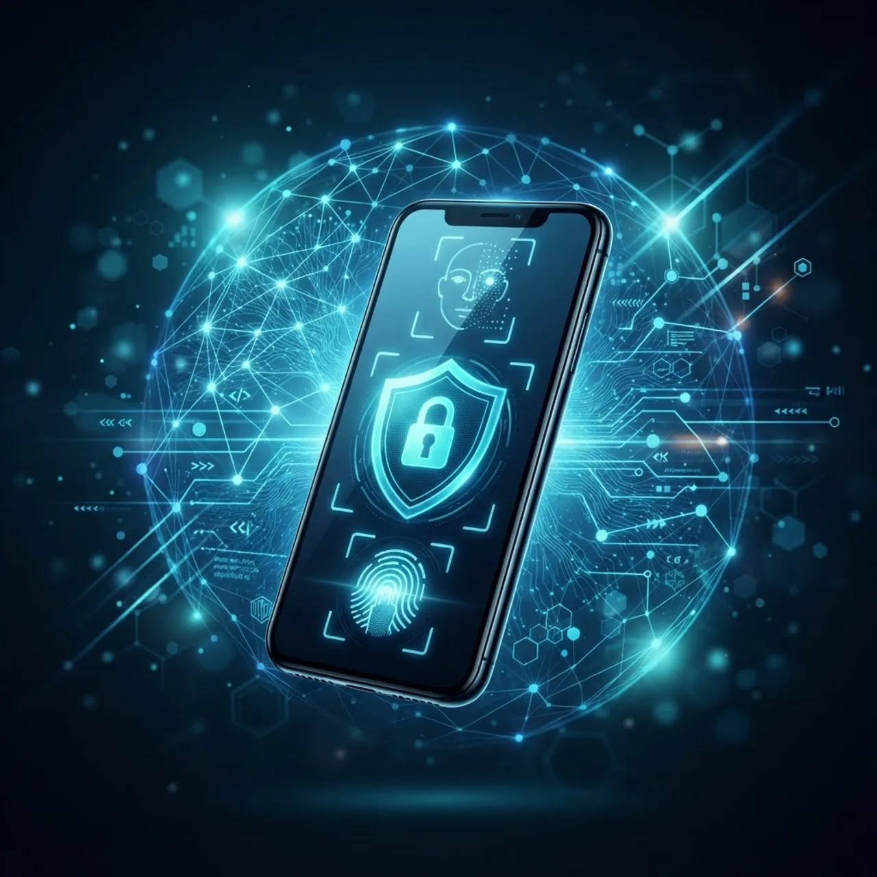 AI-driven mobile app security with shield and biometric icons