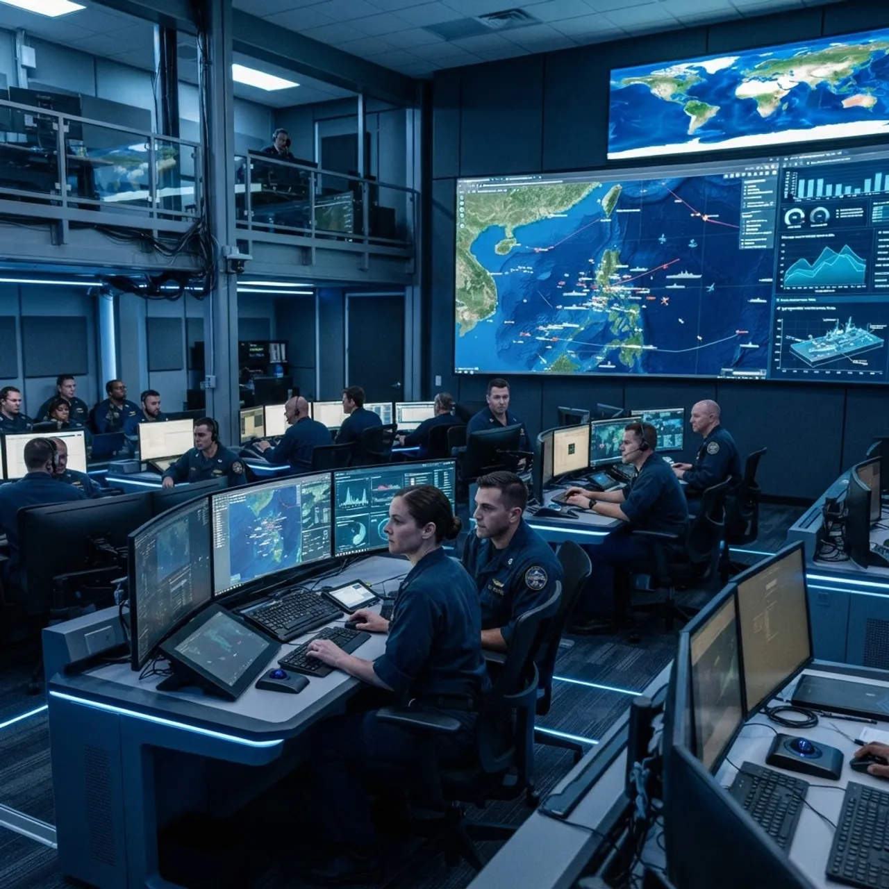 Naval AI command center with officers monitoring analytics screens