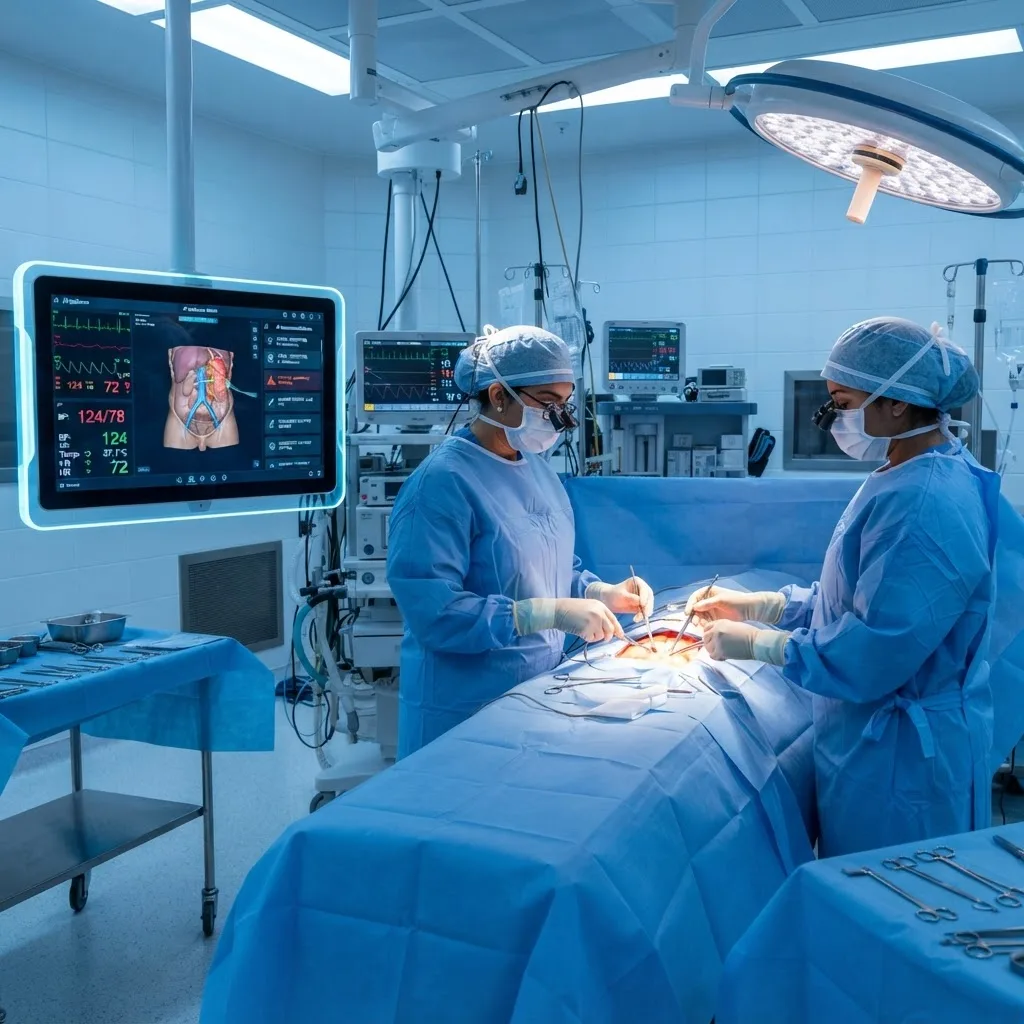 Surgeons using an AI guidance screen in the operating room
