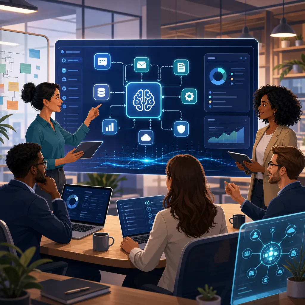 Team collaborating with AI orchestration tools and connected workflows