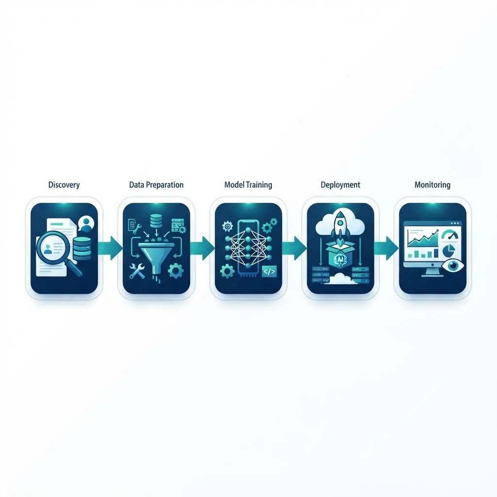 AI project workflow pipeline from discovery to deployment and monitoring