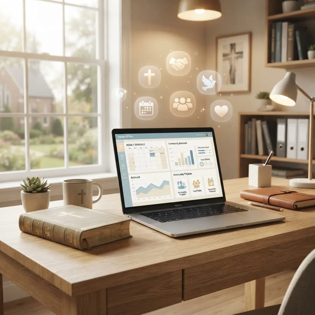 Parish office desk with laptop, Bible, and soft digital icons