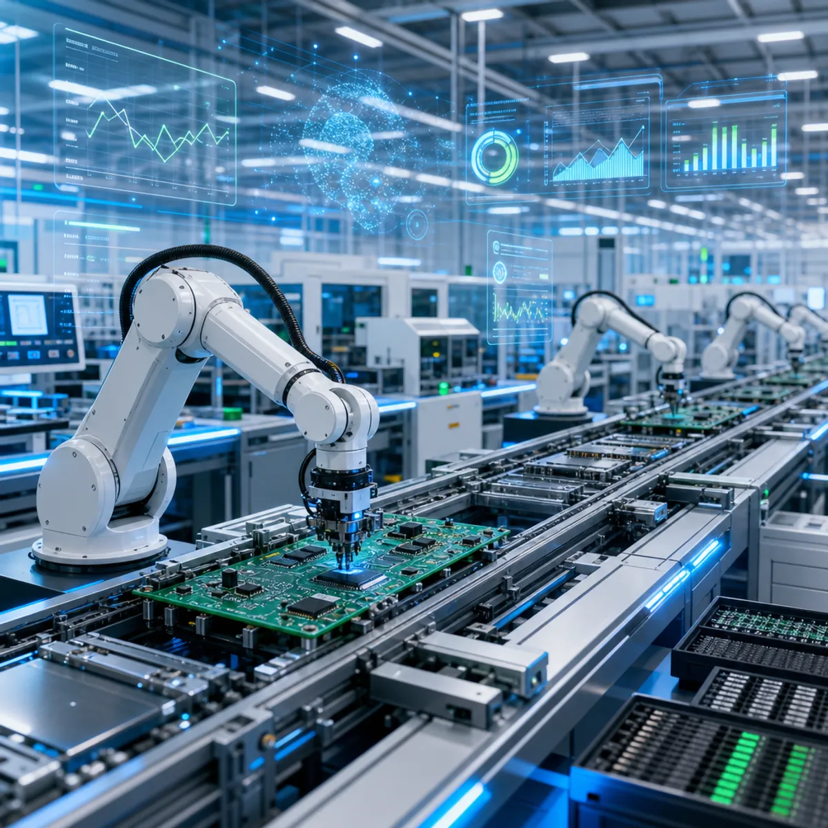 Automated PCB assembly line with robotic arms and AI efficiency overlays