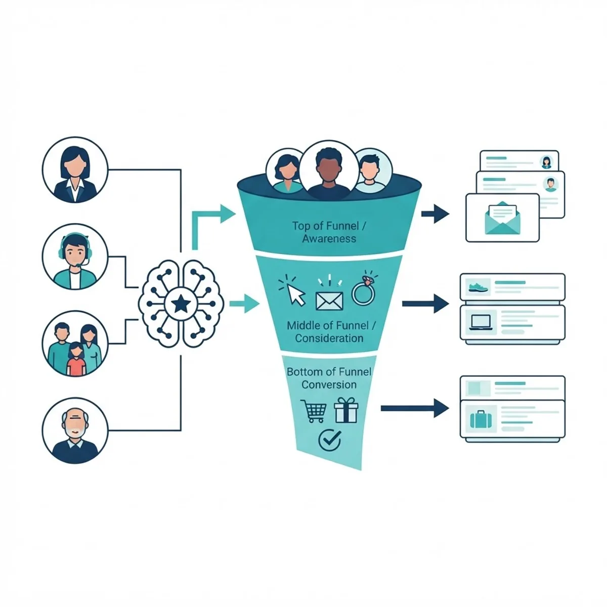 AI personalized marketing funnel with audience segments