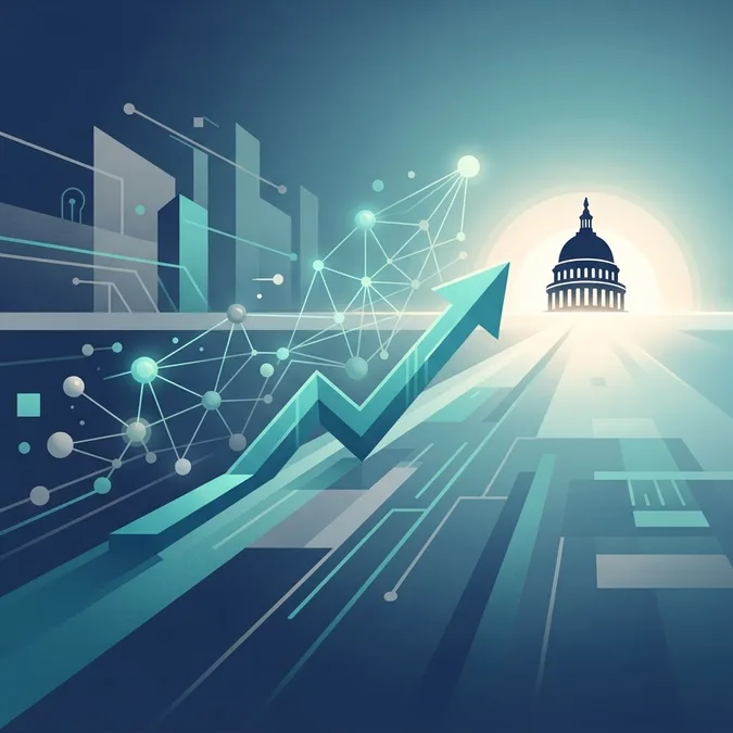 Upward path toward a bright horizon with AI nodes and Capitol dome