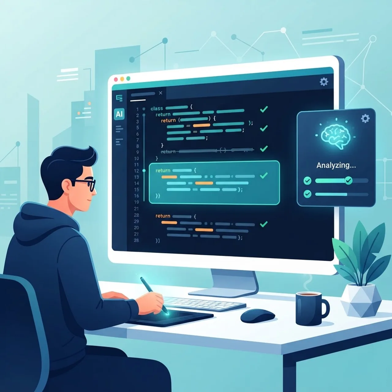 AI-powered code review giving inline real-time suggestions in an editor
