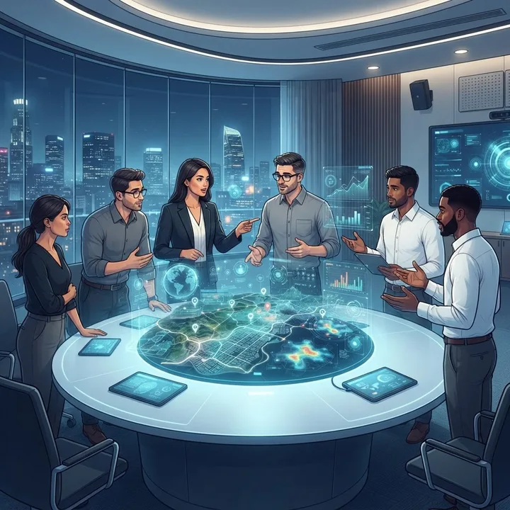 Business team using AI geospatial insights to make decisions around a holographic map