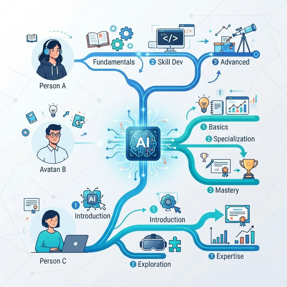 Multiple learners connected to personalized adaptive learning paths