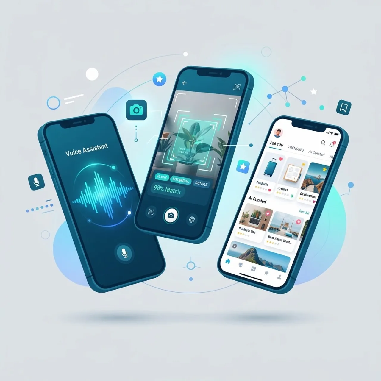AI-powered mobile app features on floating phone screens