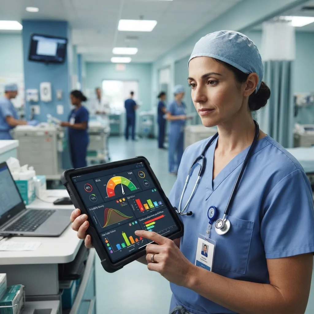 Clinician reviewing AI preoperative risk analysis on a tablet