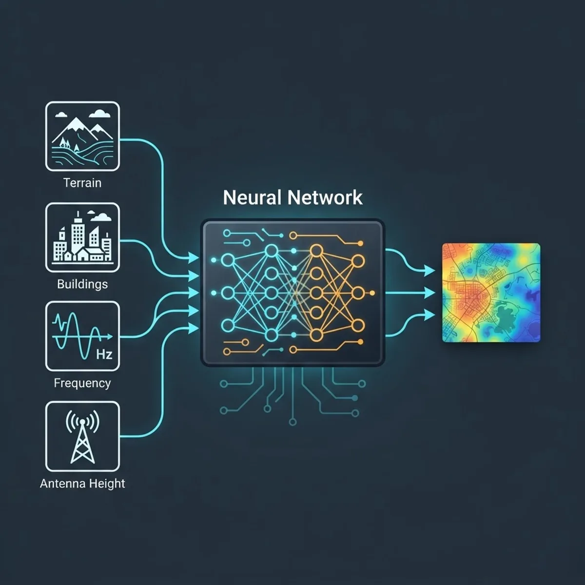 Diagram of an AI propagation modelling pipeline turning terrain and antenna inputs into a signal heatmap