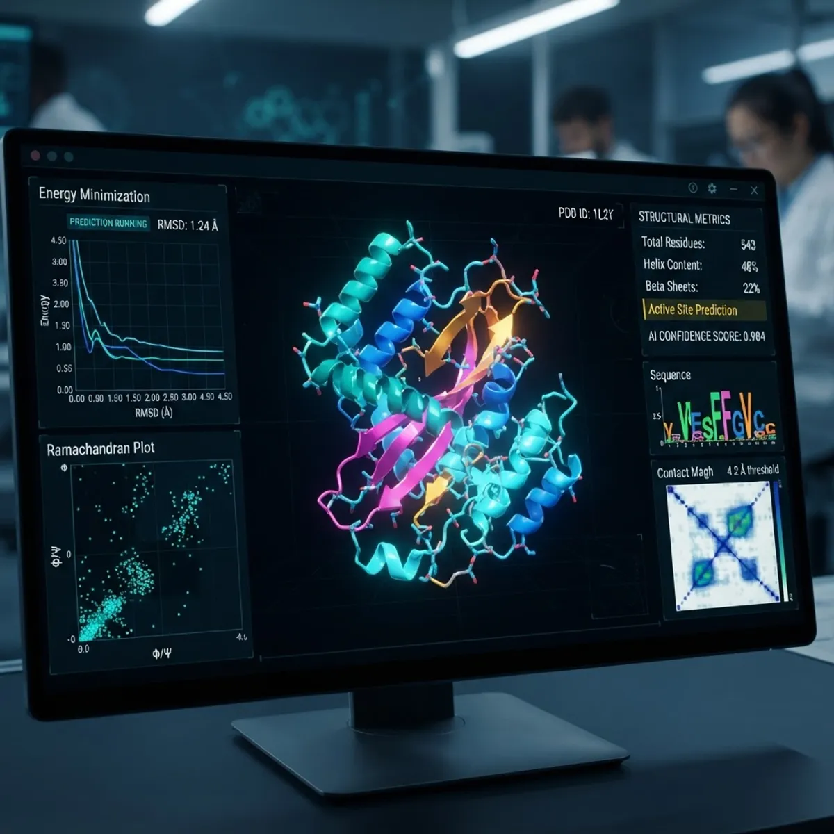 AI predicting protein folding 3D structure on a screen