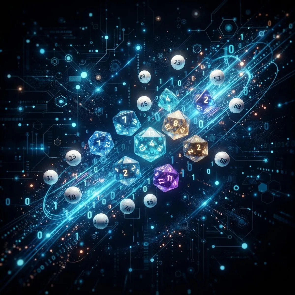 Abstract visualization of true randomness with scattered dice and lottery balls