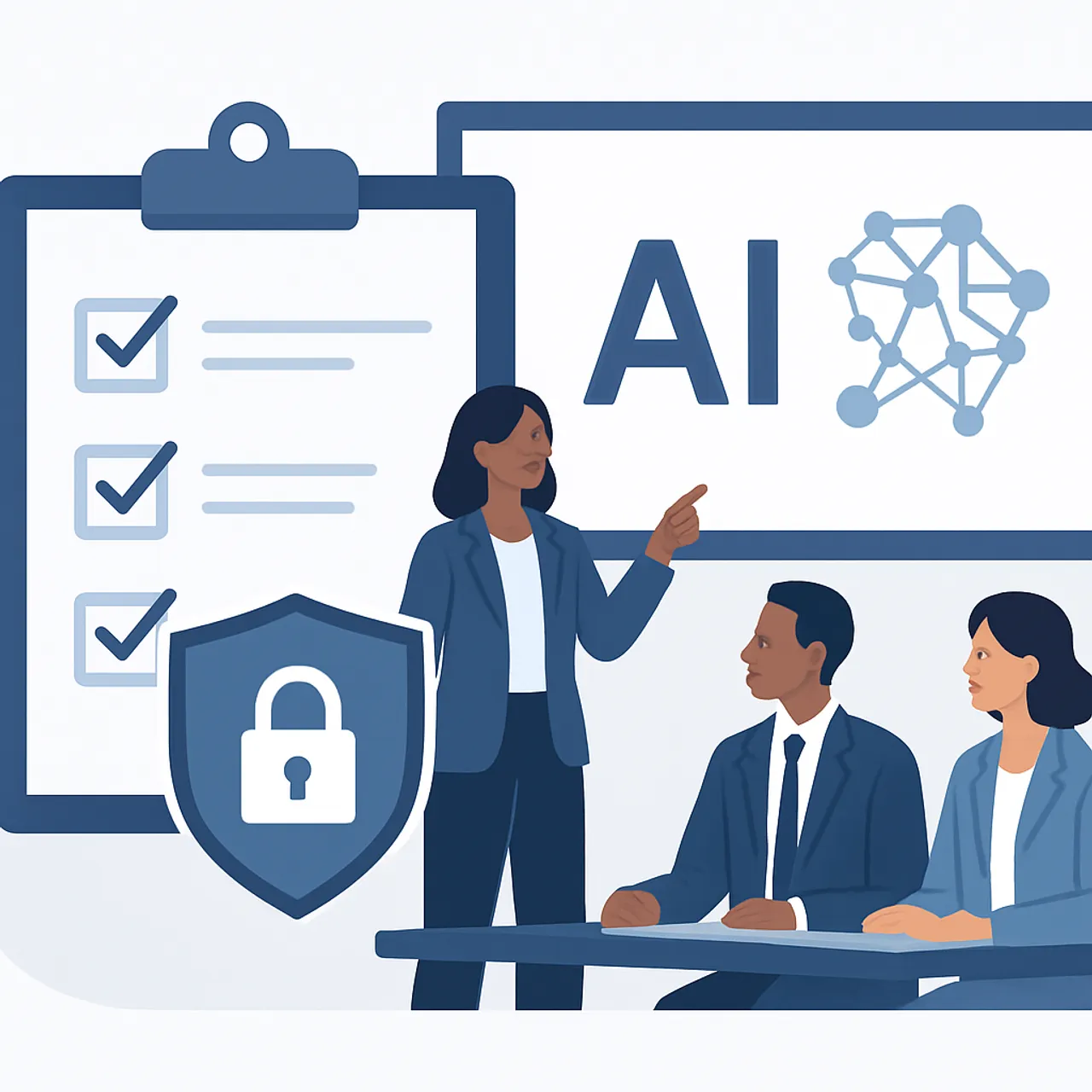 Illustration of business AI compliance checklist with shield and lock icons