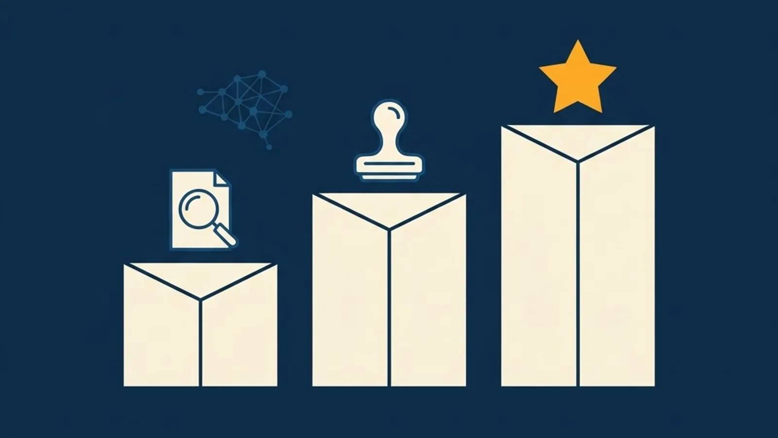 Three podium style cards topped with reviewer, associate editor and editor in chief icons