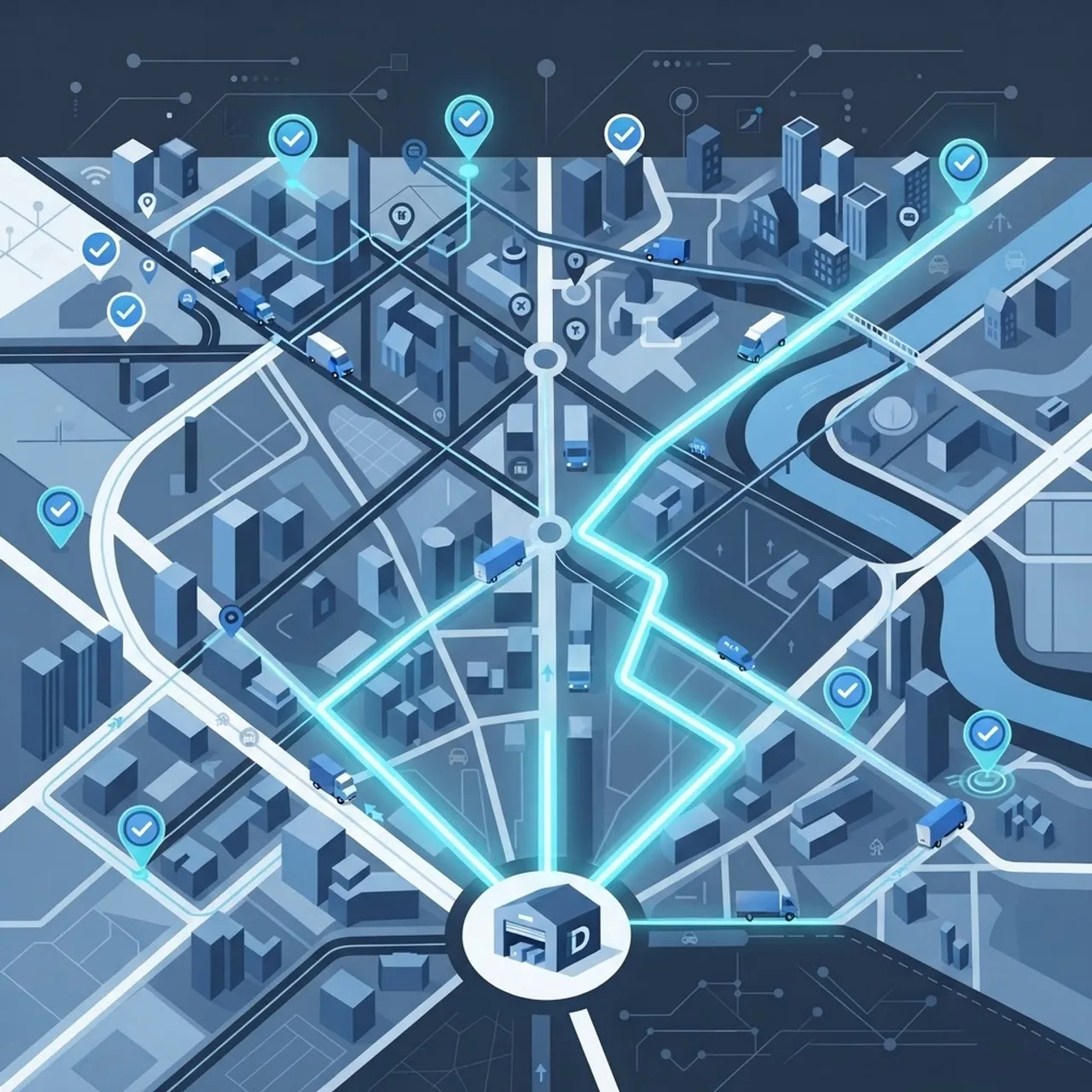AI route optimization map showing optimized delivery paths across a city