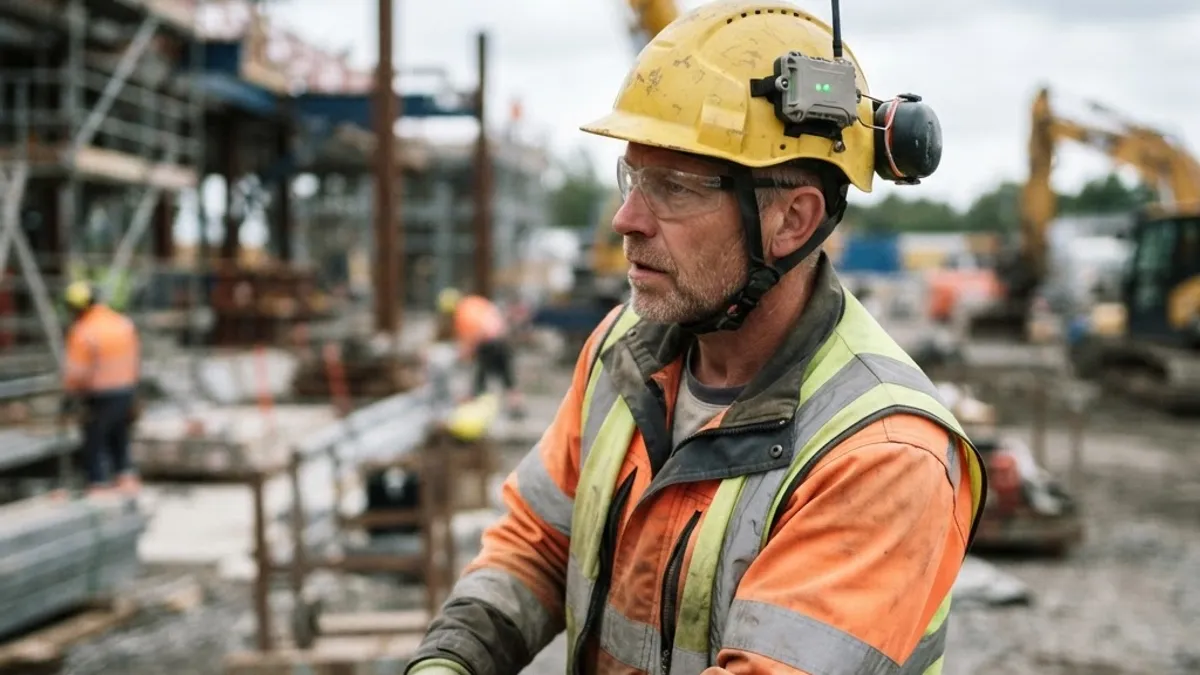 Construction worker wearing a yellow safety helmet with a small sensor pod attached