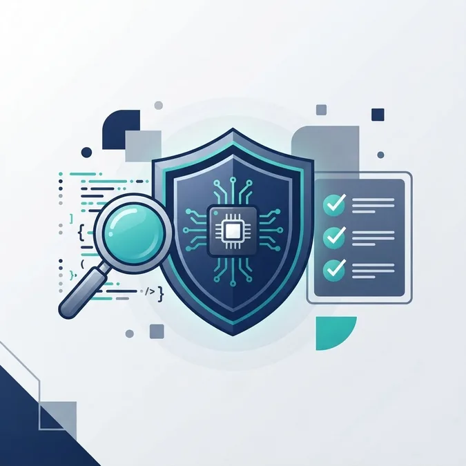 AI safety shield with chip and inspection magnifying glass