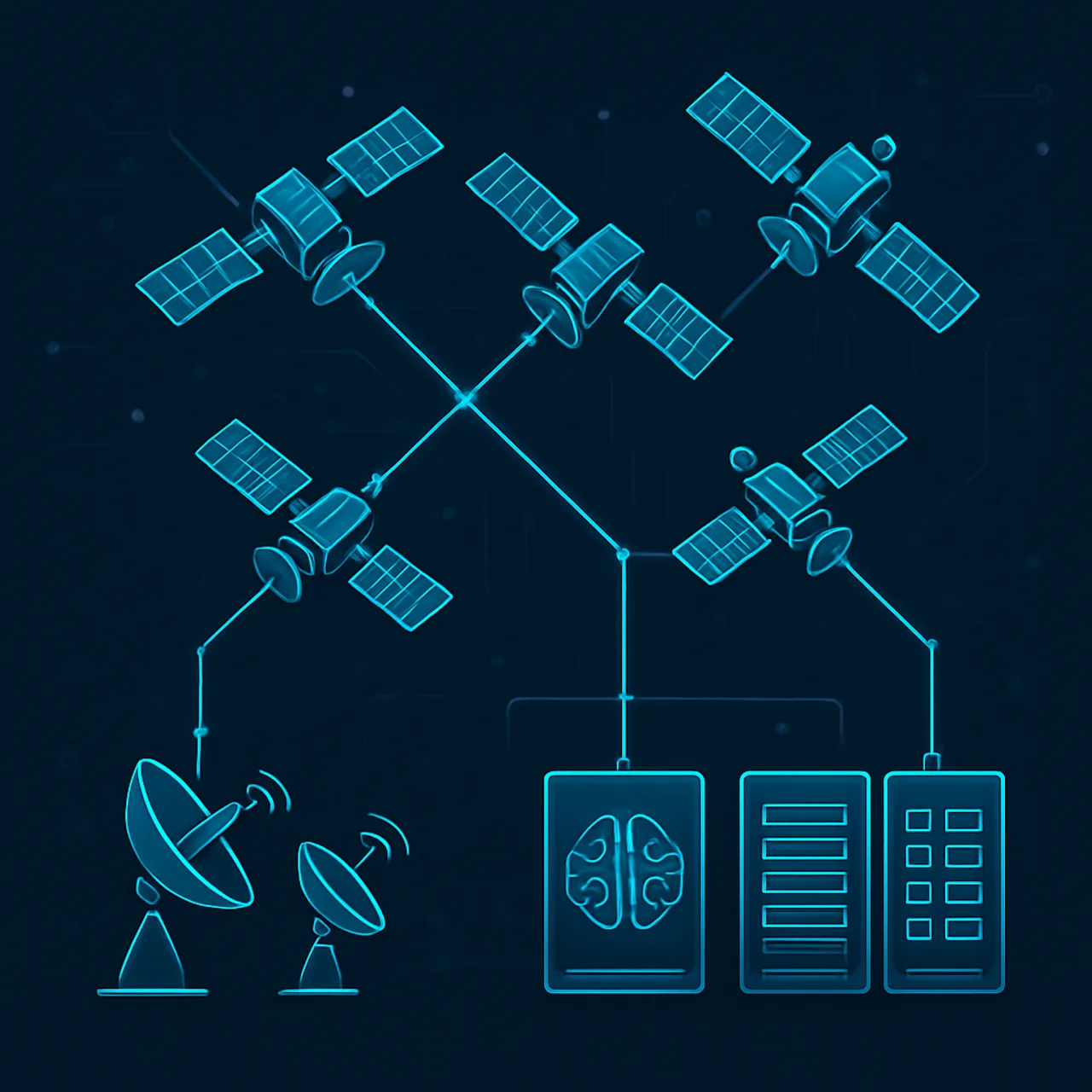 AI driven satellite network architecture diagram with ground stations