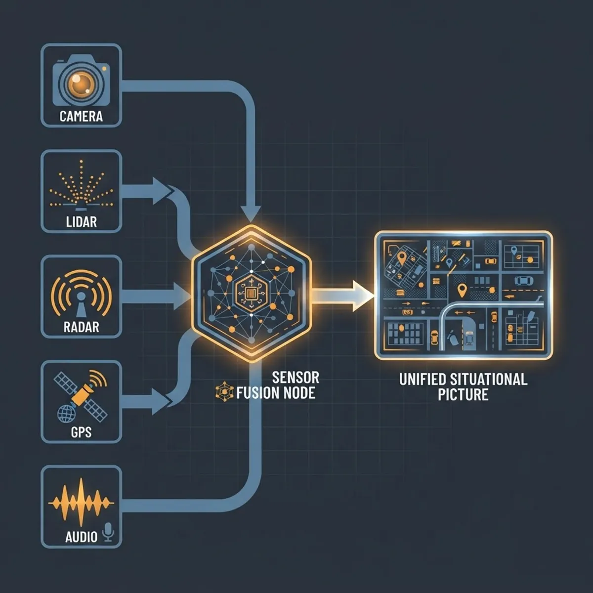 Sensor fusion pipeline combining camera, lidar, radar, and telemetry into one situational picture