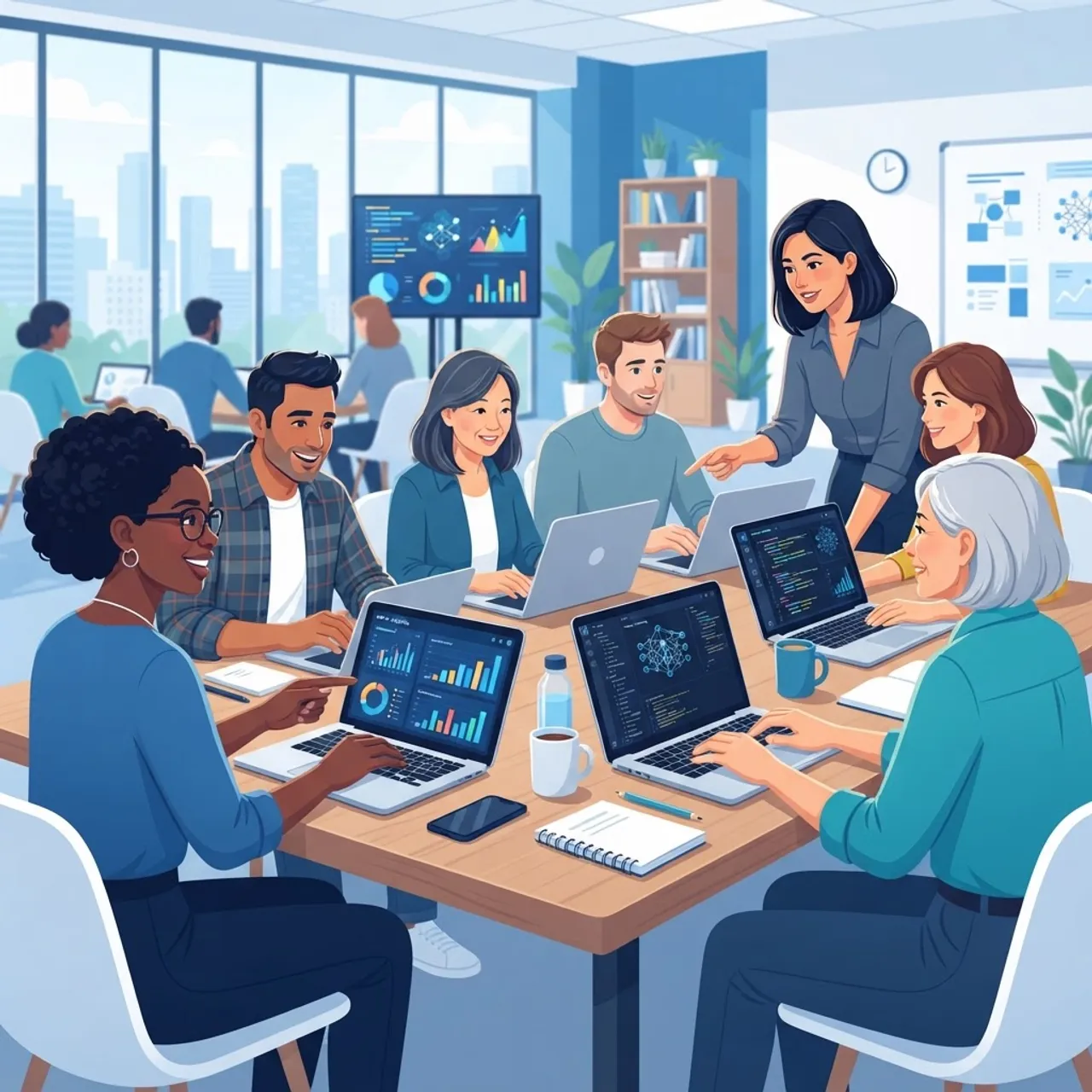 Adult workers in an AI reskilling training program