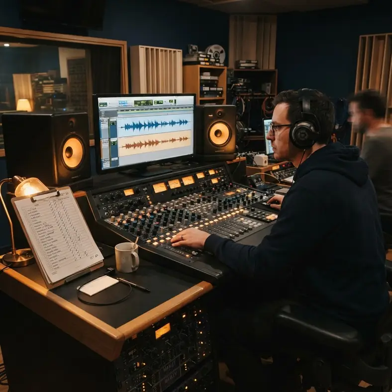 Organized AI-assisted music release checklist beside a mastering workstation